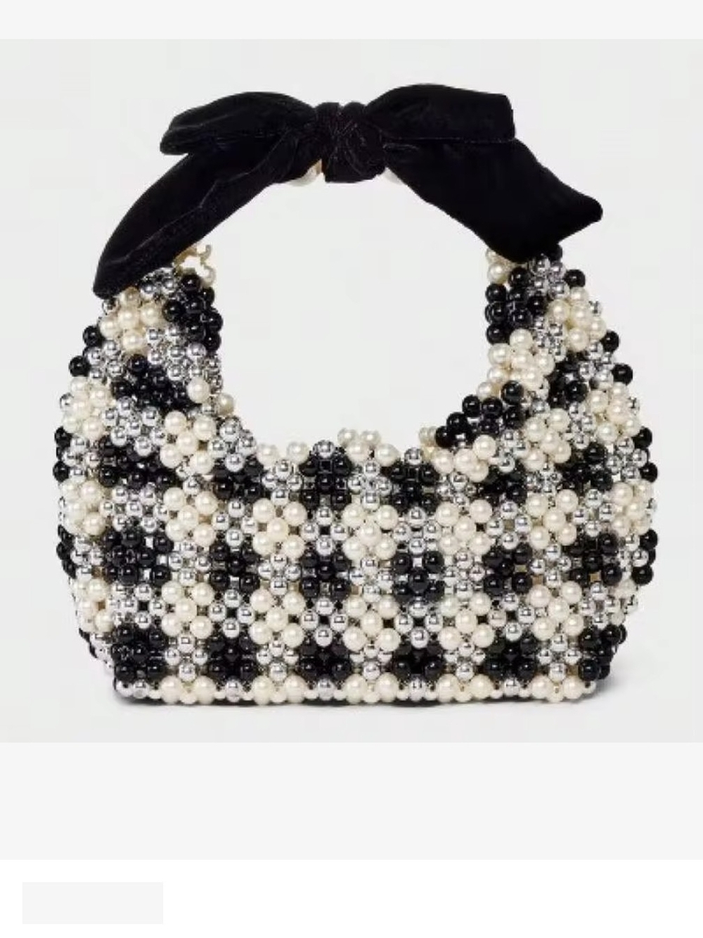 Beaded Pearl-Style Black & White Handbag with Velvet Bow